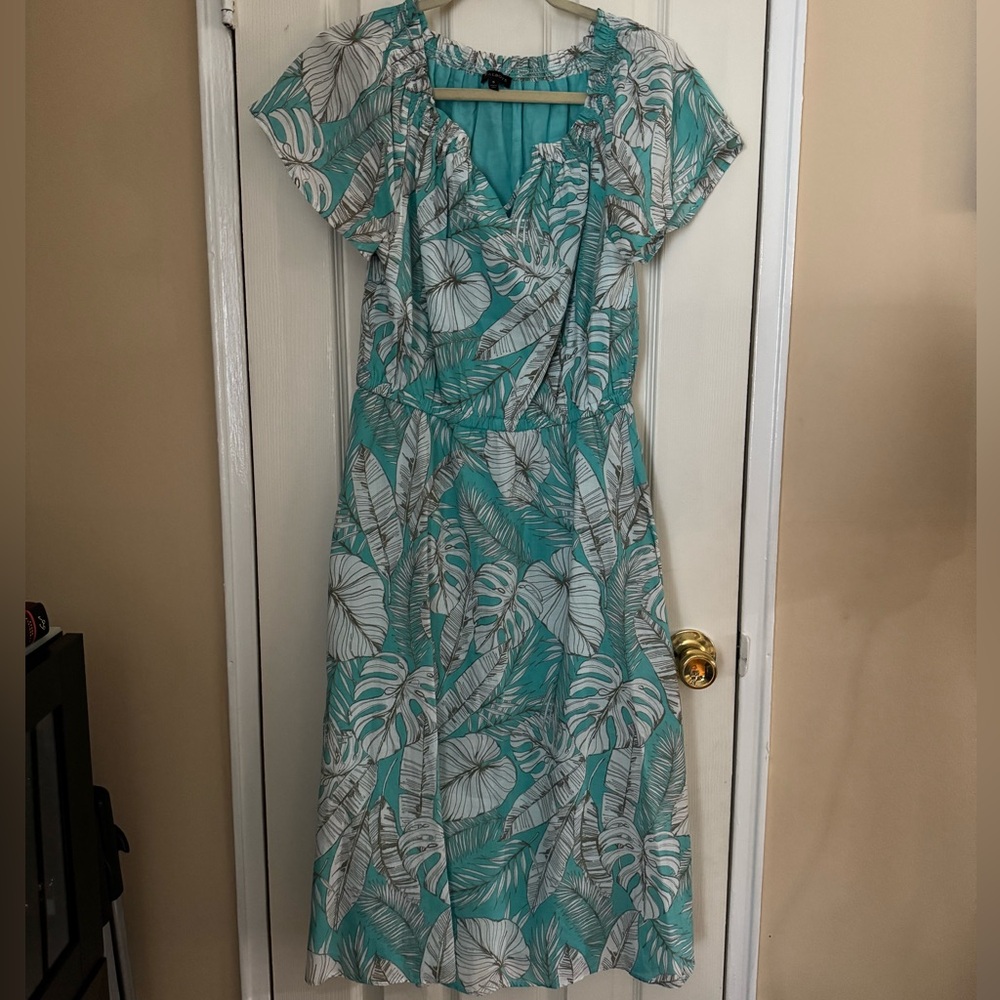 Talbots Teal and White Tropical Leaf Maxi Dress